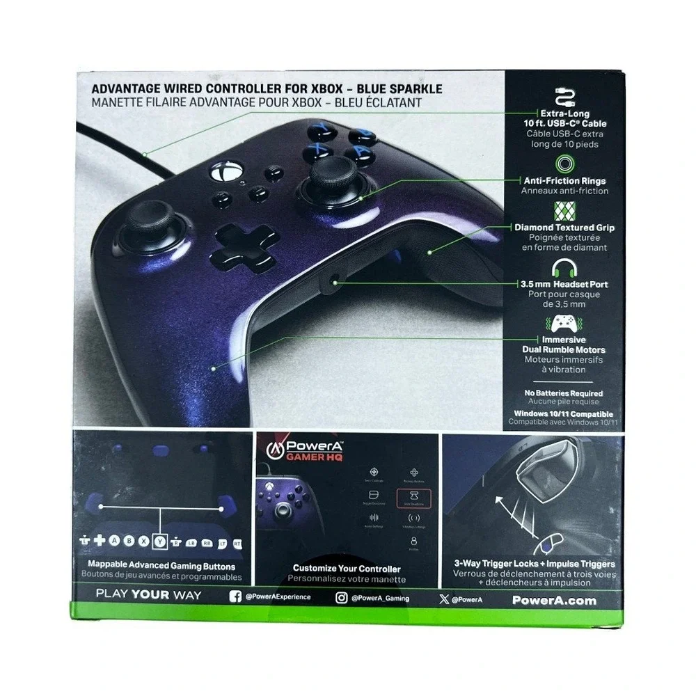 NWT PowerA Advantage Blue Sparkle Wired Controller Xbox Series X S PC Size OS